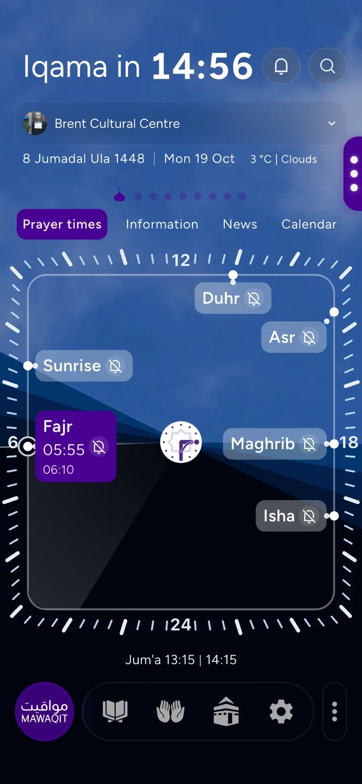 MAWAQIT app: the prayer times of a mosque in London on the day’s dial, Fajr iqama in 14 minutes