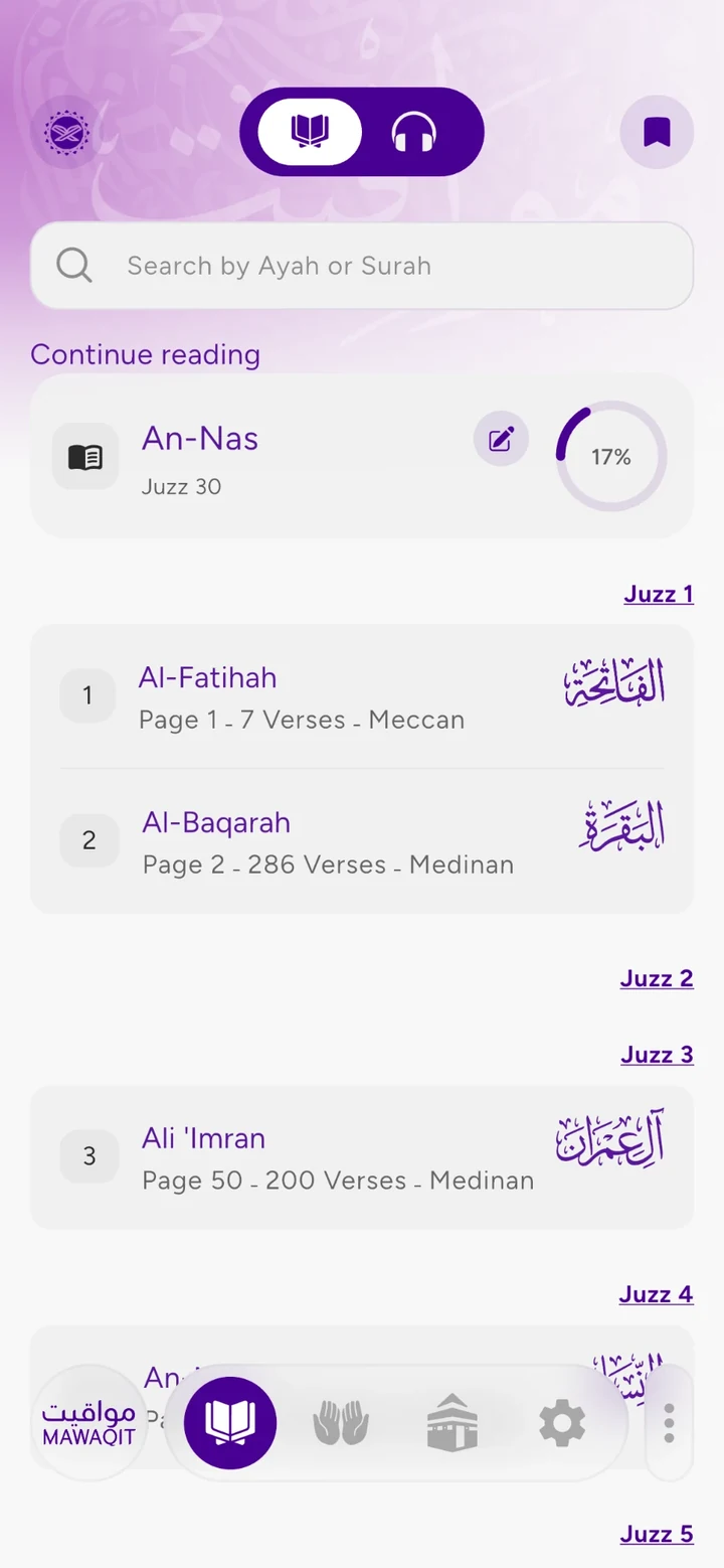 MAWAQIT app: the Quran, the current reading and the list of surahs